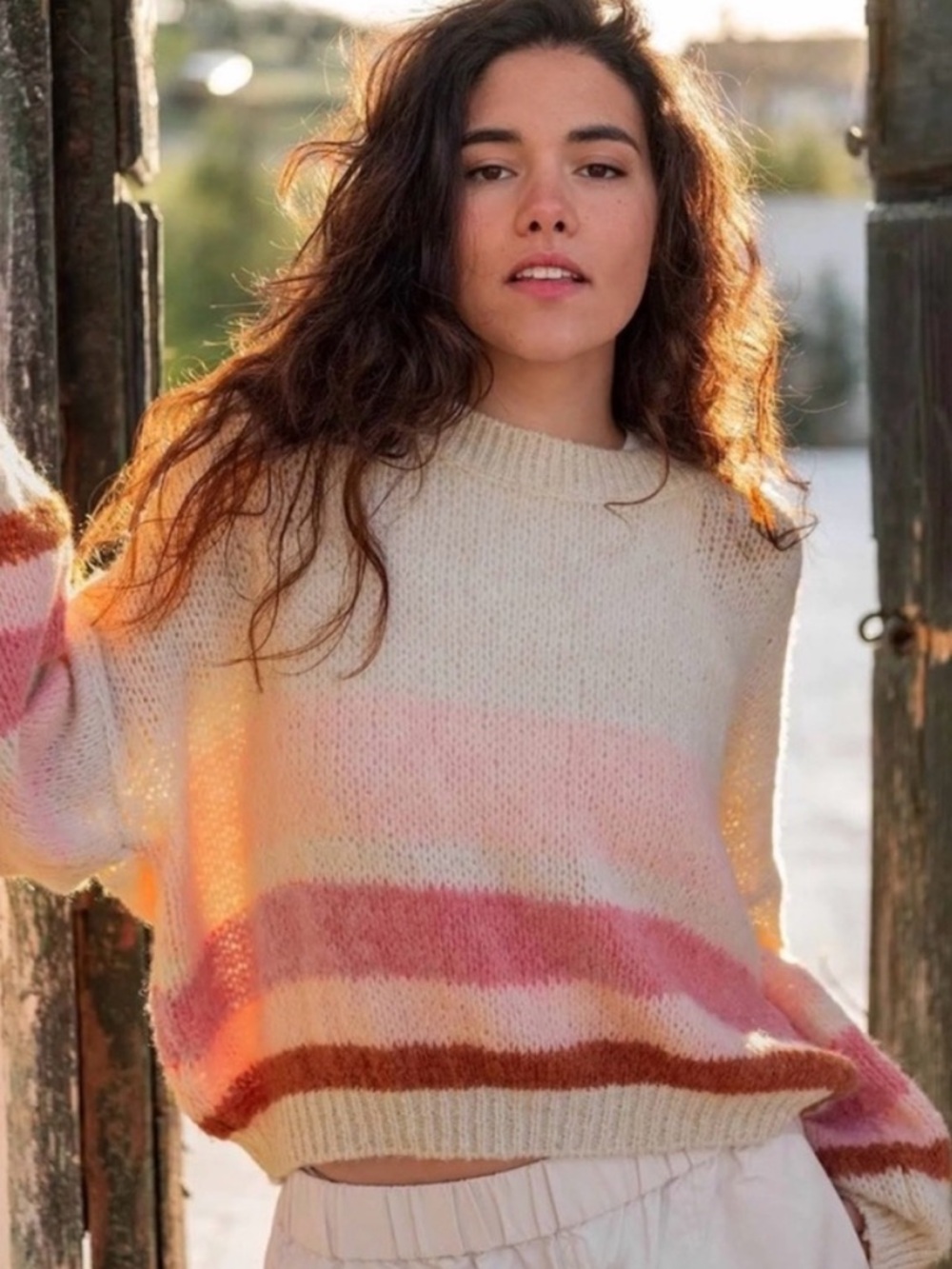 Mersea Pisa Sweater Cream Pink Stripe Crewneck Wool Blend One Size